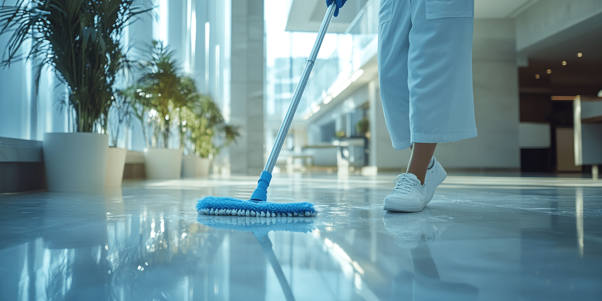 Janitor cleaning a lobby